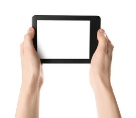 Woman using e-book reader on white background, closeup