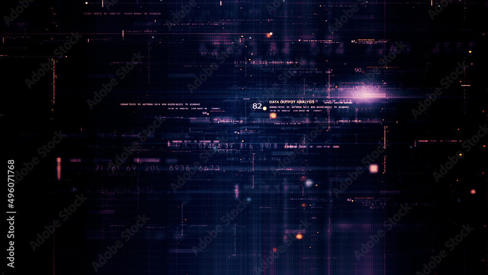 Poster Futuristic abstract de-focus flowing data matrix, telemetry and encrypt numbers display with particles simulation for head up display in cyber space environment