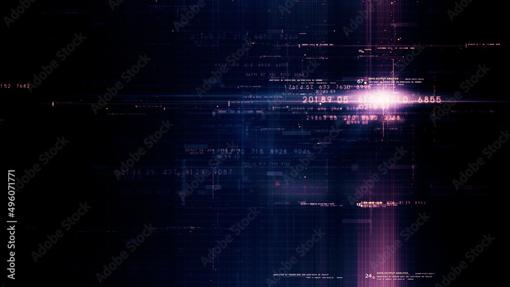 Fototapete Futuristic abstract de-focus flowing data matrix, telemetry and encrypt numbers display with particles simulation for head up display in cyber space environment