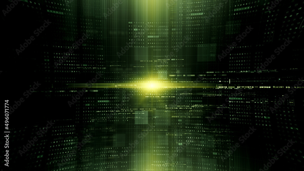 Leinwandbilder Futuristic abstract de-focus flowing data matrix, telemetry and encrypt numbers display with particles simulation for head up display in cyber space environment