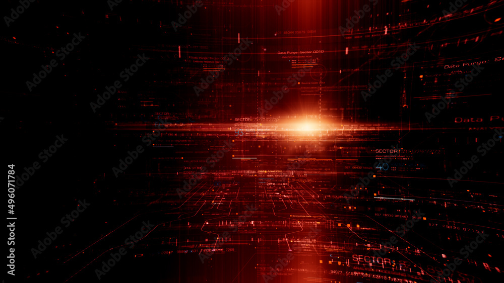Leinwandbilder Futuristic abstract de-focus flowing data matrix, telemetry and encrypt numbers display with particles simulation for head up display in cyber space environment