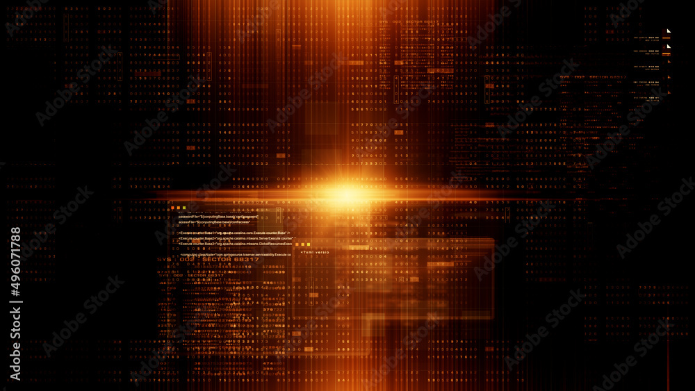 Poster Futuristic abstract de-focus flowing data matrix, telemetry and encrypt numbers display with particles simulation for head up display in cyber space environment