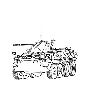 Military machinery hand drawing illustration. Armored personnel carrier or armored fighting vehicle. Sketch