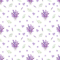 Seamless pattern, flowers and leaves of lilac lavender, collected in a bouquet, watercolor illustration
