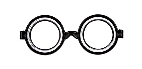 Front of nerdy black glasses with thick glass. Isolated on a white background