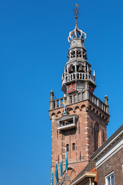 The top of the famous tower Speeltoren in the city center of Monnickendam, The Netherlands