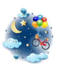 Night landscape with clouds, flying bike and balloons. Fantasy illustration vector eps10