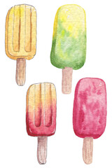 hand drawn watercolor various fruit ice cream on white