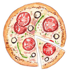 hand drawn watercolor pizza on white