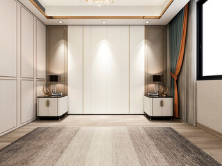 3d illustration, warm and comfortable bedroom, warm big bed room, bedside table, dressing table, etc