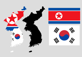 north and south korea map flag icon set - obrazy, fototapety, plakaty