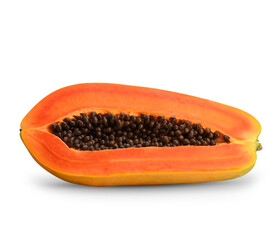 half of ripe papaya fruit with seeds isolated on white background. full depth of field