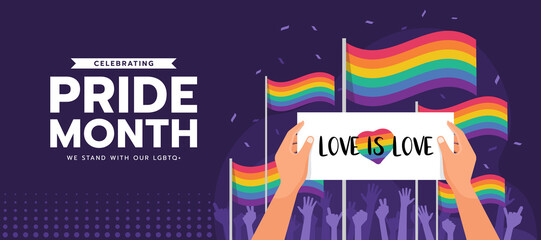 Celebrating pride month, we stand with our LGBTQ - hands is holding a banner love is love text between hands raised and rainbow pride flag on purple background vector design - obrazy, fototapety, plakaty