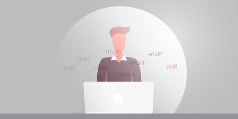 Internet User Behind a Laptop Computer Sitting Inside of an Information Bubble - Vector Concept Design of Intellectual Isolation, One Sided or Low Quality Sources of Knowledge