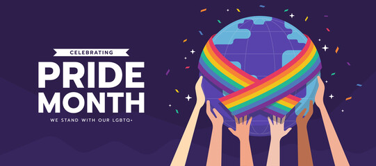 Celebrating pride month, we stand with our LGBTQ - hands raised a globe in rainbow pride flags on purple background vector design