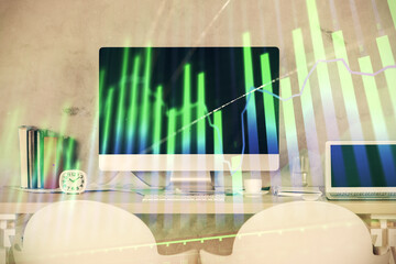 Multi exposure of stock market chart drawing and office interior background. Concept of financial...