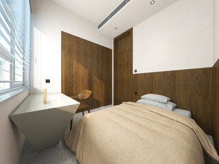 3d illustration, warm and comfortable bedroom, warm big bed room, bedside table, dressing table, etc