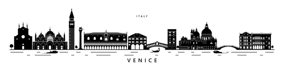 City of water Venice monument buildings black and white vector illustration. Gondola ride in Venice © tatoman