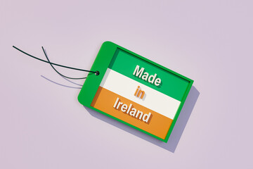 Made in Ireland, tag in the national colors of Ireland. Country of origin of manufacture. Economy, international trade, retail and industry concept. 3D illustration