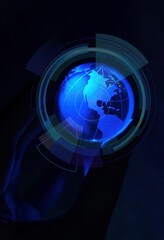 Telecommunication technology with connections around Earth. Internet, big data science, cyberspace, global business, innovation, digital finance, blockchain. 