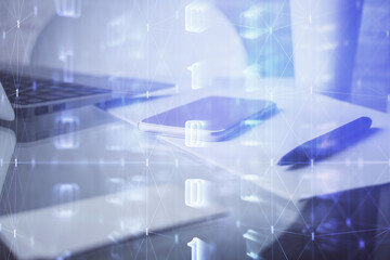 Double exposure of data theme drawing and mobile phone background. Concept of innovation