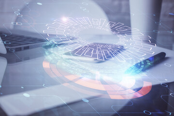 Obraz premium Double exposure of data theme drawing and mobile phone background. Concept of innovation