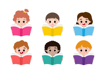 Vector Illustration Set Of Children Education, Kids Reading Book isolated on white background