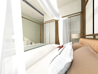 Fototapeta na wymiar 3d illustration, warm and comfortable bedroom, warm big bed room, bedside table, dressing table, etc