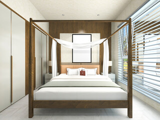 3D rendering, spacious and bright urban residential closed balcony design, green plants with wooden tables and chairs are leisure and comfortable.