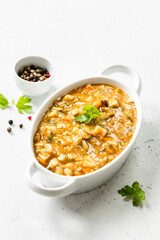 Vegetable mushroom stew. Top view, copy space, flat lay.