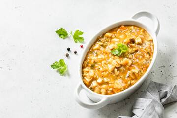 Vegeterian low carb vegetable mushroom stew. Top view, copy space, flat lay.