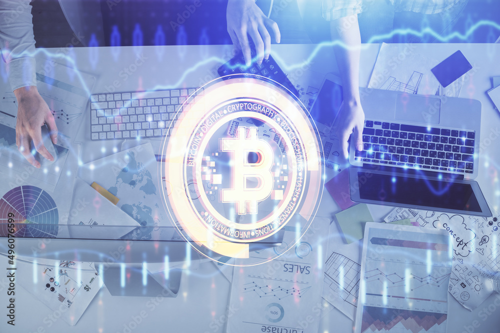 Poster double exposure of man and woman working together and crypto finance theme hologram. blockchain busi
