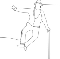 Continuous one line drawing of full length portrait of a senior man with a knee pain walking with a cane. Minimal outline concept. Vector illustration - obrazy, fototapety, plakaty