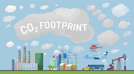 Carbon footprint. Landscape banner, poster. Vector illustration