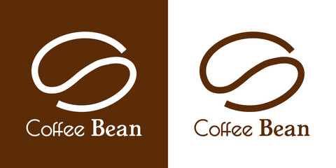 Coffee Shop. Logotipo con texto Coffee Bean con silueta de frijol de café con líneas en fondo marrón y fondo blanco