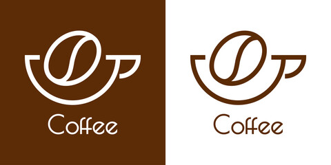 Coffee Shop. Logotipo con texto Coffee con silueta de frijol de café en taza con líneas en fondo marrón y fondo blanco