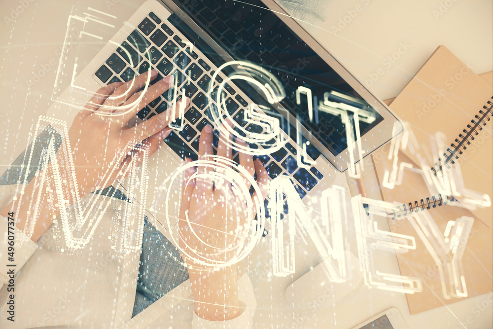 Poster double exposure of woman hands working on computer and blockchain theme hologram drawing. top view. 