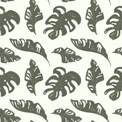 Green tropical leaves, summer hawaiian. Seamless pattern with tropical green plants and leaves on light green background. Great for vacation themed fabric, wallpaper, packaging.