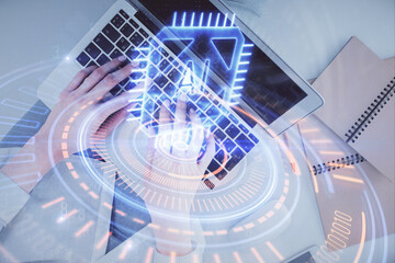 Double exposure of woman hands working on computer and data theme hologram drawing. Top View. Technology concept.