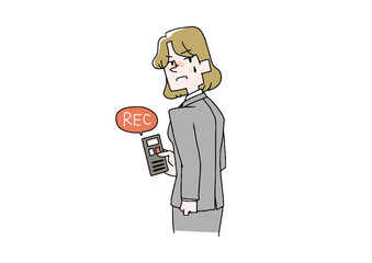 こっそりボイスレコーダーで録音している女性　コミカルな手書きの人物　ベクター、線画にカラー