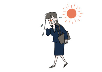 暑い中営業しているビジネスウーマン　コミカルな手書きの人物　ベクター、線画にカラー