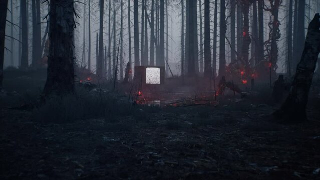 An ancient switched-on television set stands in the middle of a burnt-out forest. Vintage TV set in a dark forest. Apocalyptic forest concept. Animation perfect for retro or apocalyptic backgrounds.