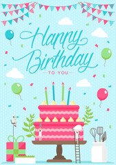 Happy birthday (birthday cake motif ) vertical postcard template illustration