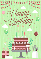 Happy birthday (birthday cake motif ) vertical postcard template illustration