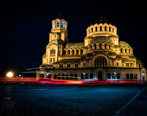 Night photography with light trails in Sofia centre Bulgaria