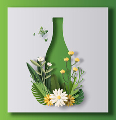 A bottle of water with flowers and leaves, the idea is to recycle old plastic bottles, think green, paper illustration, and 3d paper.