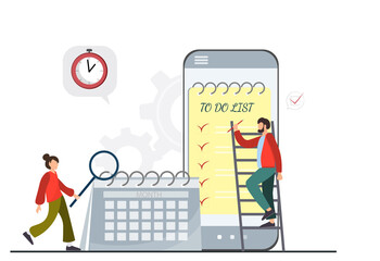 Tiny people standing near mobile phone and calendar, to do list concept, month scheduling, time management concept, teamwork, mobile app, timetable, check list planning, schedule concept