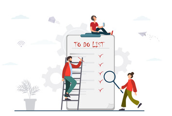 Tiny people standing near to do list, month scheduling, time management concept, plan fulfilled, task completed, timetable, check list planning, schedule concept, flat vector illustration