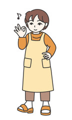 腰に手を当ててOKサインをしているエプロン姿の女性B【カラー／全身】