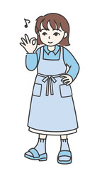 腰に手を当ててOKサインをしているエプロン姿の女性A【カラー／全身】